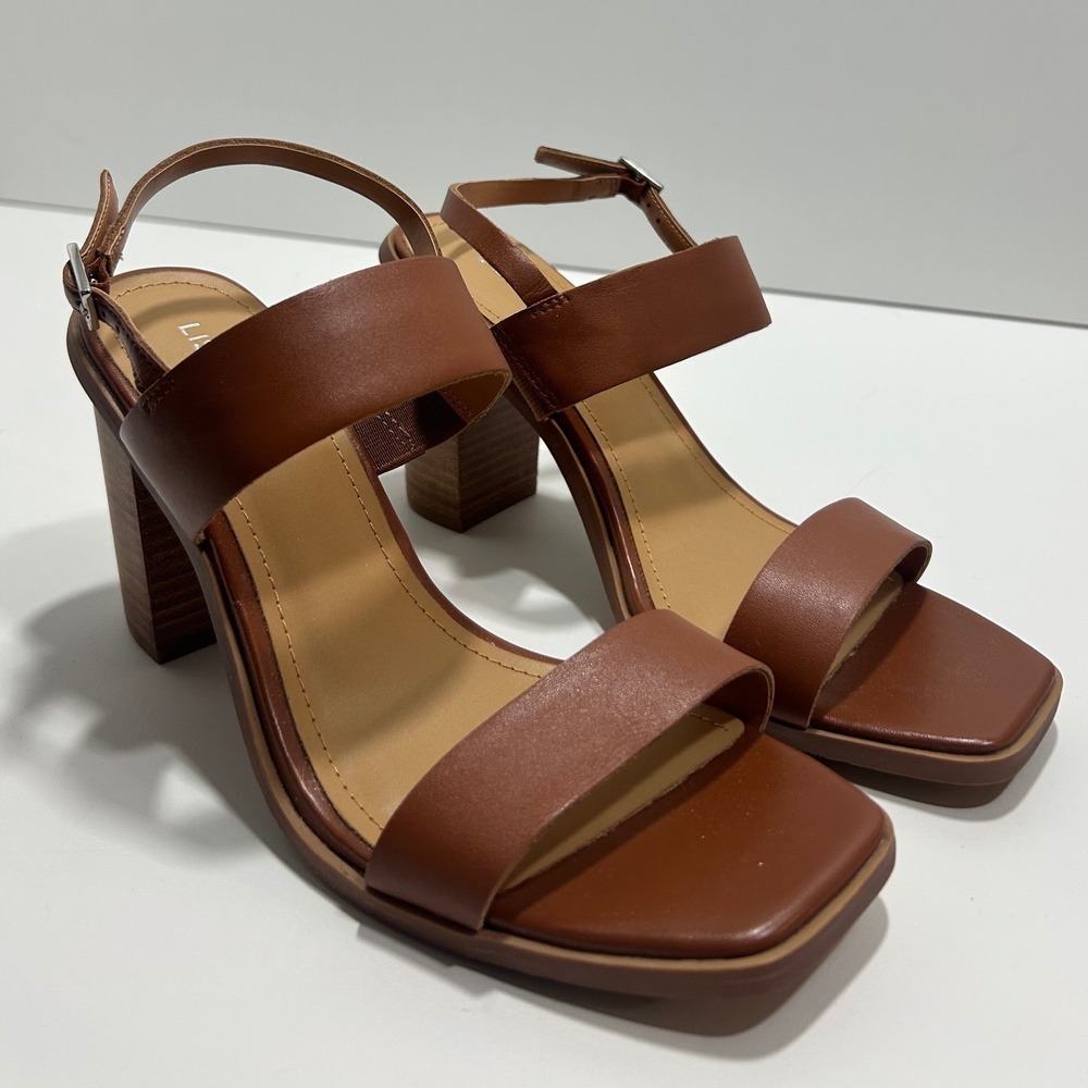 Lisa Vicky Oasis-V Leather Block Heel Sandals Square Toe Brown Womens‎ 7.5